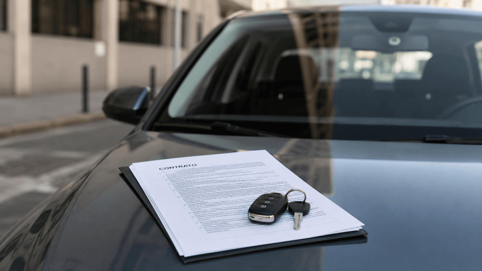 Persona revisando cotizaciones y contrato de préstamo con un automóvil estacionado al fondo