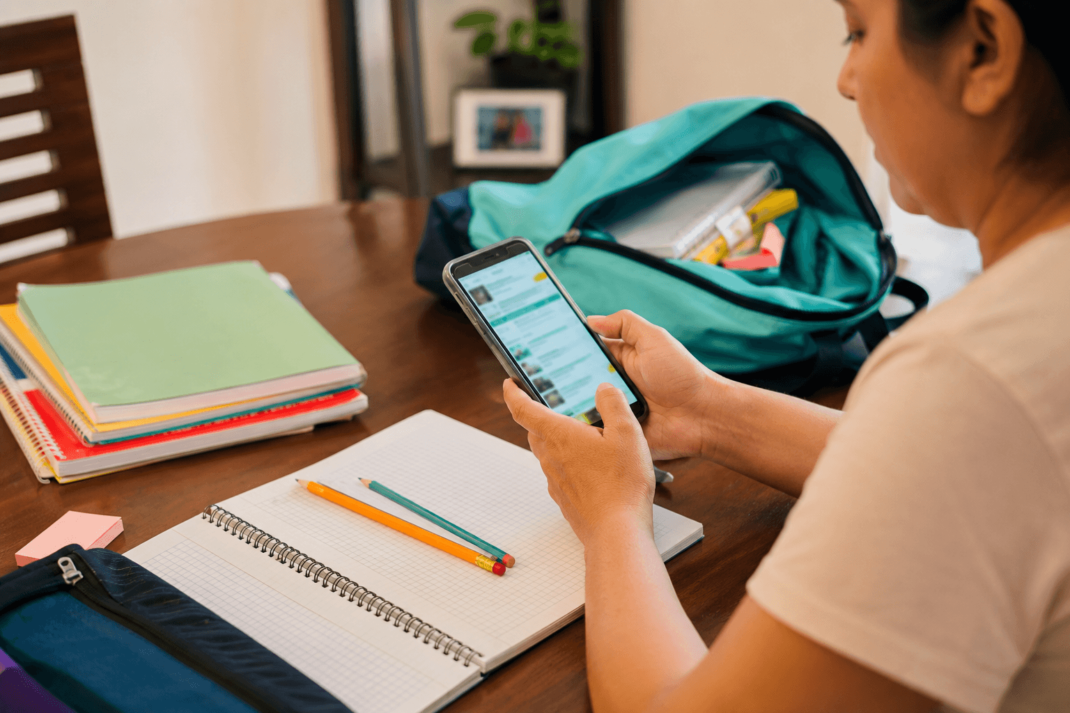 Padre revisando el teléfono con útiles escolares sobre la mesa, simbolizando precaución ante apps de préstamo en regreso a clases.