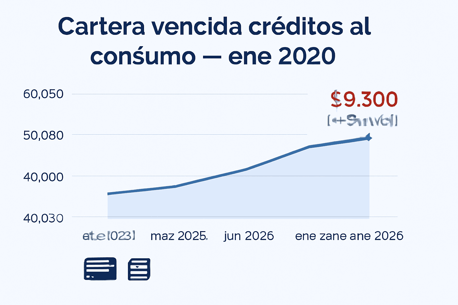Gráfico que muestra aumento de la cartera vencida de créditos al consumo hasta 58,380 mdp en enero de 2026 (+23.4% interanual), con iconos de tarjeta y nómina.