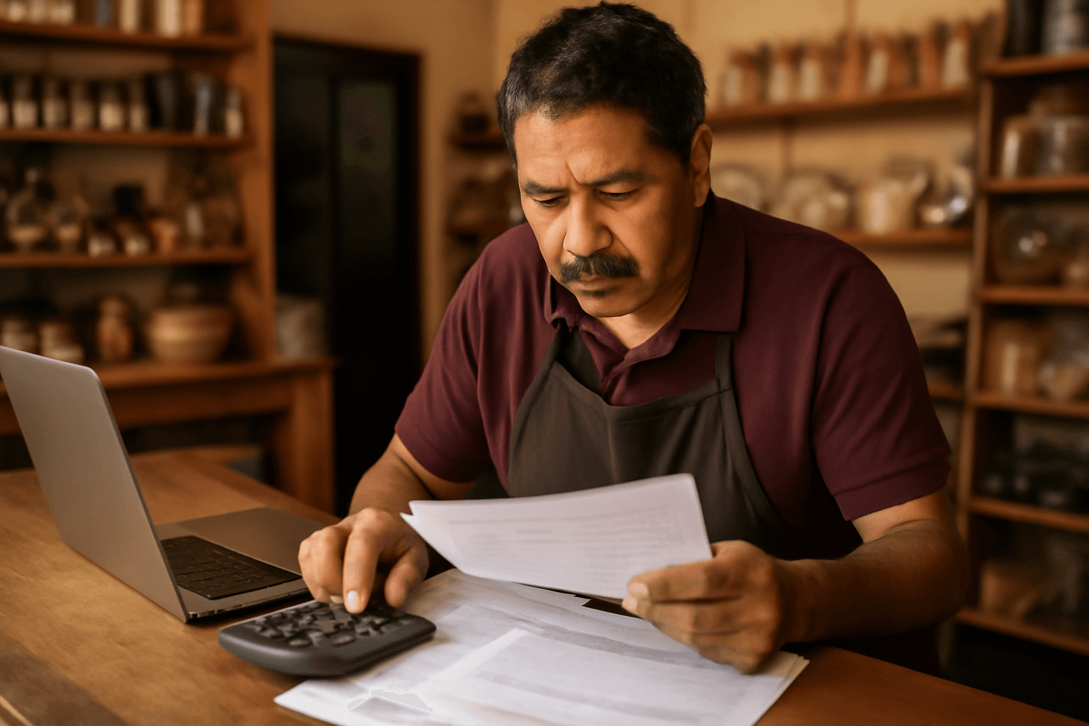 Propietario de una microempresa mexicana revisando estados financieros y documentos para solicitar crédito